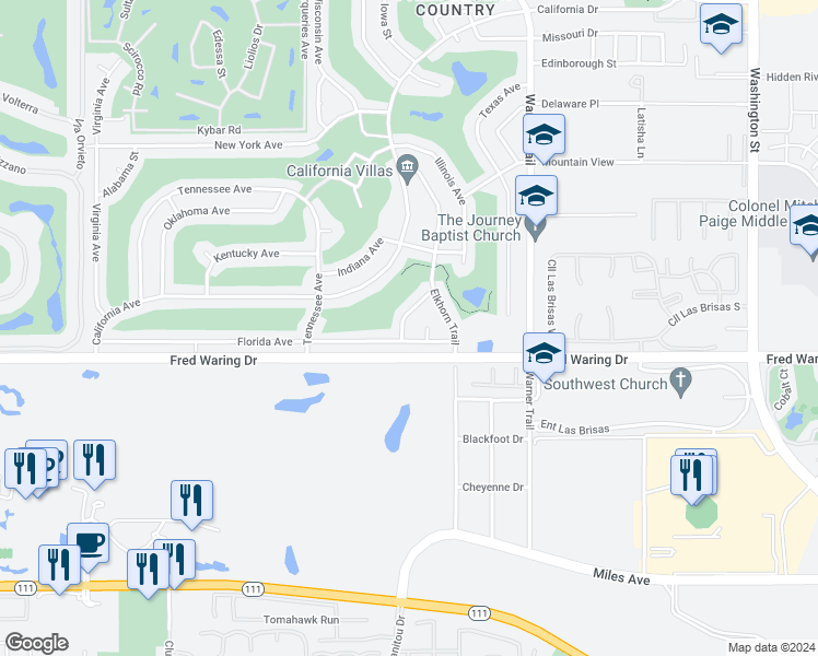 map of restaurants, bars, coffee shops, grocery stores, and more near 43730 Louisiana Street in Palm Desert