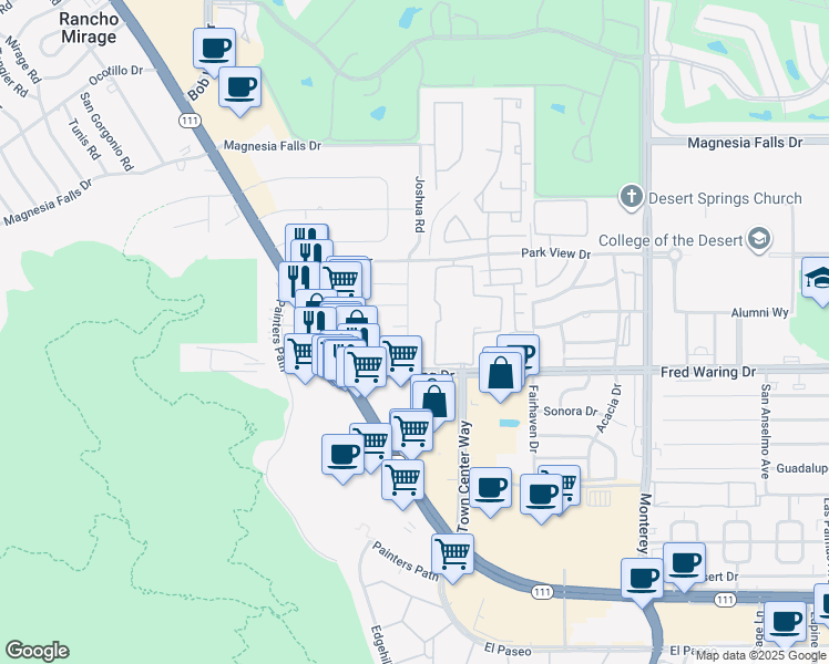 map of restaurants, bars, coffee shops, grocery stores, and more near 43831 Joshua Road in Palm Desert