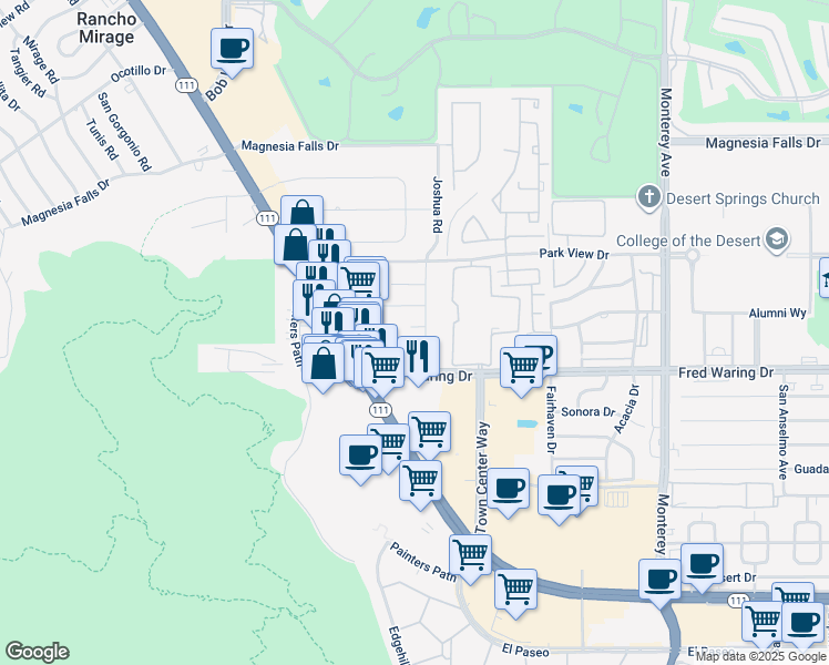 map of restaurants, bars, coffee shops, grocery stores, and more near 72435 Brushwood Drive in Palm Desert