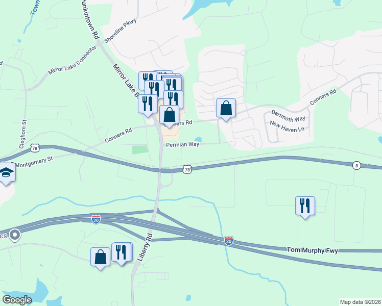 map of restaurants, bars, coffee shops, grocery stores, and more near 201 Permian Way in Villa Rica