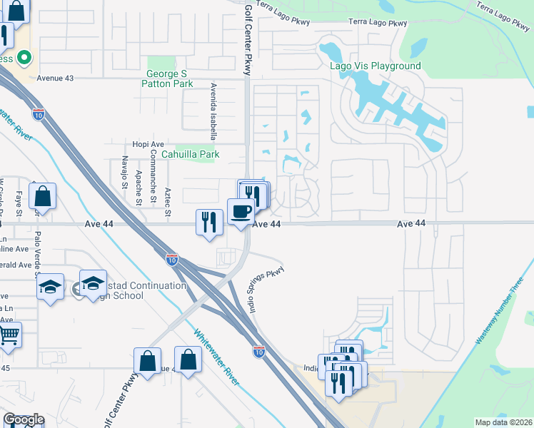 map of restaurants, bars, coffee shops, grocery stores, and more near 84136 Avenue 44 in Indio