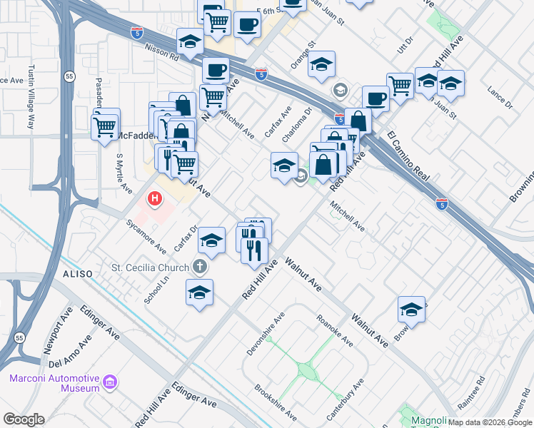 map of restaurants, bars, coffee shops, grocery stores, and more near 1381 Penrith Lane in Tustin