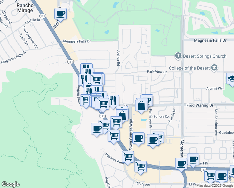 map of restaurants, bars, coffee shops, grocery stores, and more near 43831 Joshua Road in Palm Desert