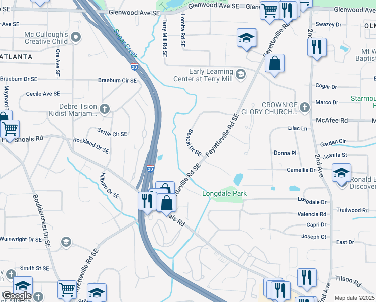 map of restaurants, bars, coffee shops, grocery stores, and more near 2079 Bencal Drive Southeast in Atlanta