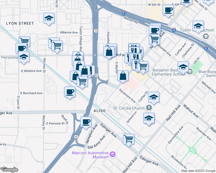 map of restaurants, bars, coffee shops, grocery stores, and more near 17091 Kenyon Drive in Tustin