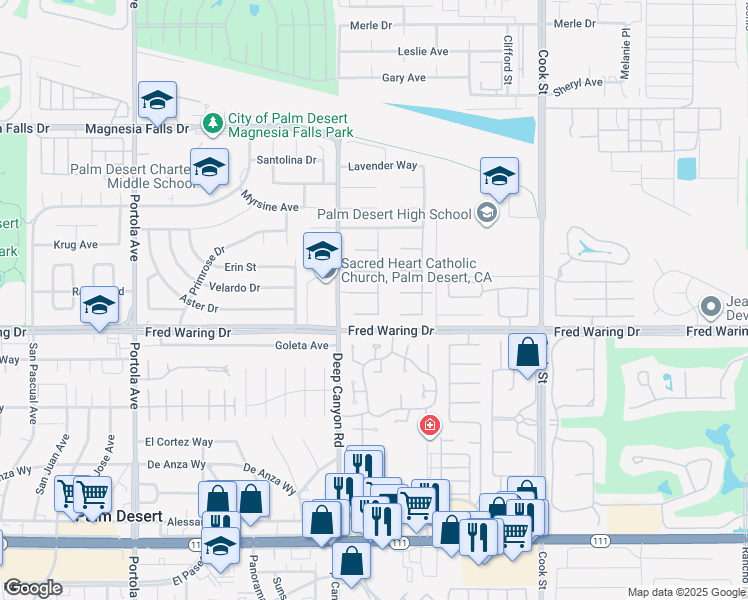 map of restaurants, bars, coffee shops, grocery stores, and more near 13 Vía Palmira in Palm Desert