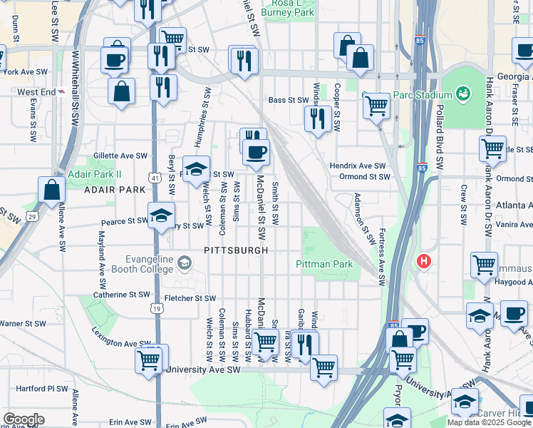 map of restaurants, bars, coffee shops, grocery stores, and more near 442 Gardner Street Southwest in Atlanta