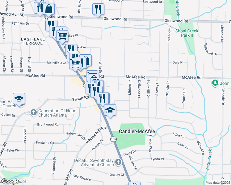 map of restaurants, bars, coffee shops, grocery stores, and more near 2065 Nettie Court in Decatur