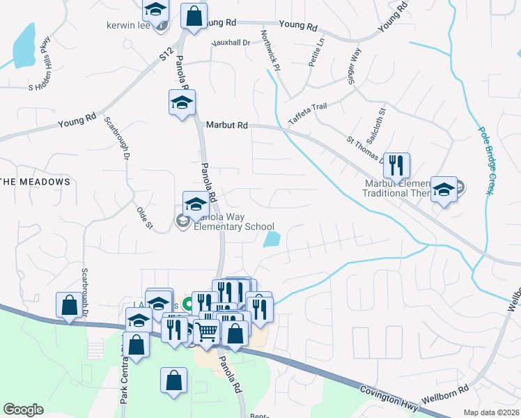 map of restaurants, bars, coffee shops, grocery stores, and more near 5504 Downs Way in Lithonia