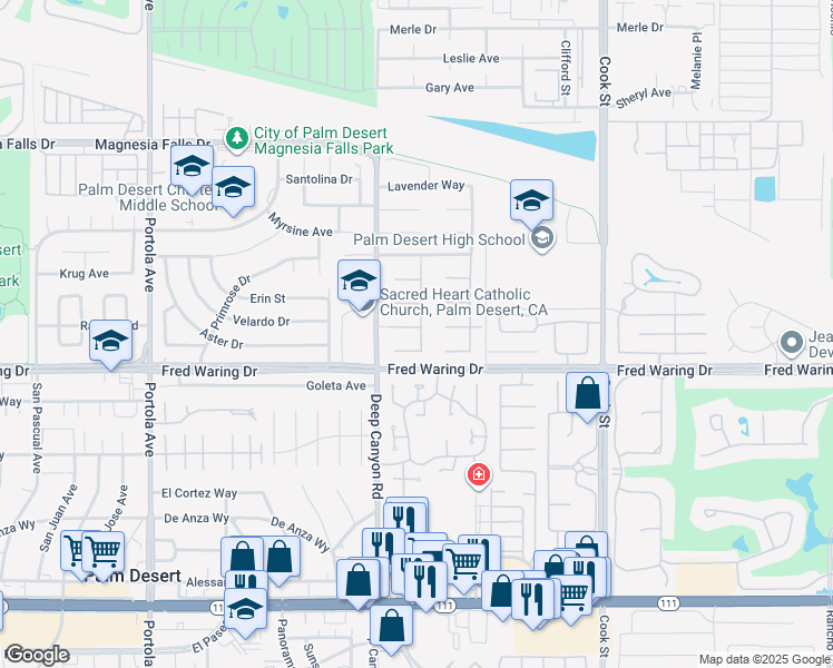 map of restaurants, bars, coffee shops, grocery stores, and more near 13 Vía Palmira in Palm Desert
