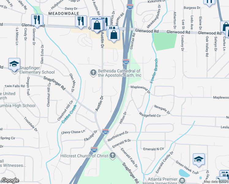 map of restaurants, bars, coffee shops, grocery stores, and more near 3869 Easterwood Court in Decatur
