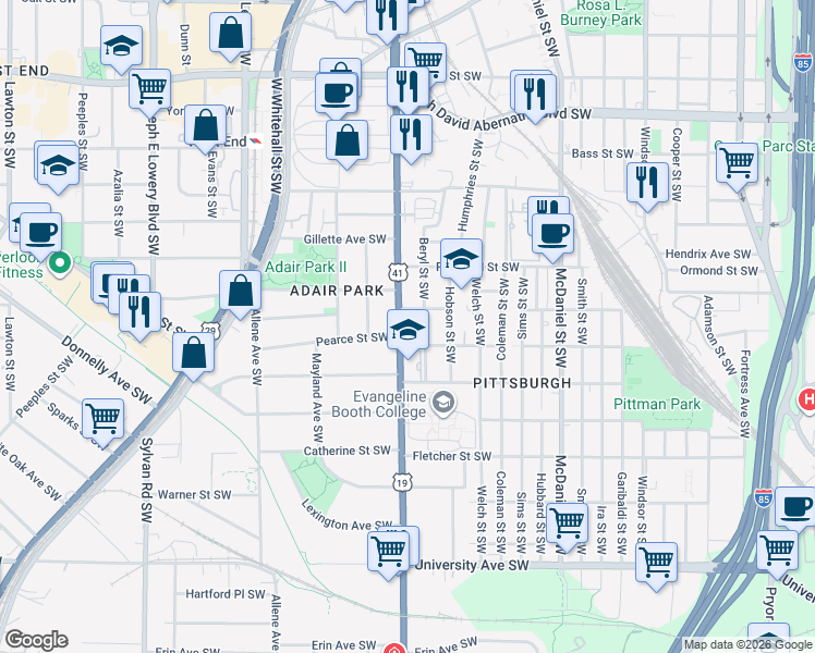map of restaurants, bars, coffee shops, grocery stores, and more near 878 Metropolitan Parkway Southwest in Atlanta