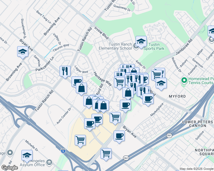 map of restaurants, bars, coffee shops, grocery stores, and more near 13332 Savanna in Tustin