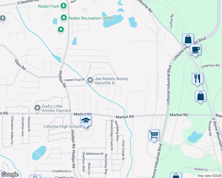 map of restaurants, bars, coffee shops, grocery stores, and more near 2024 Charter Manor in Lithonia