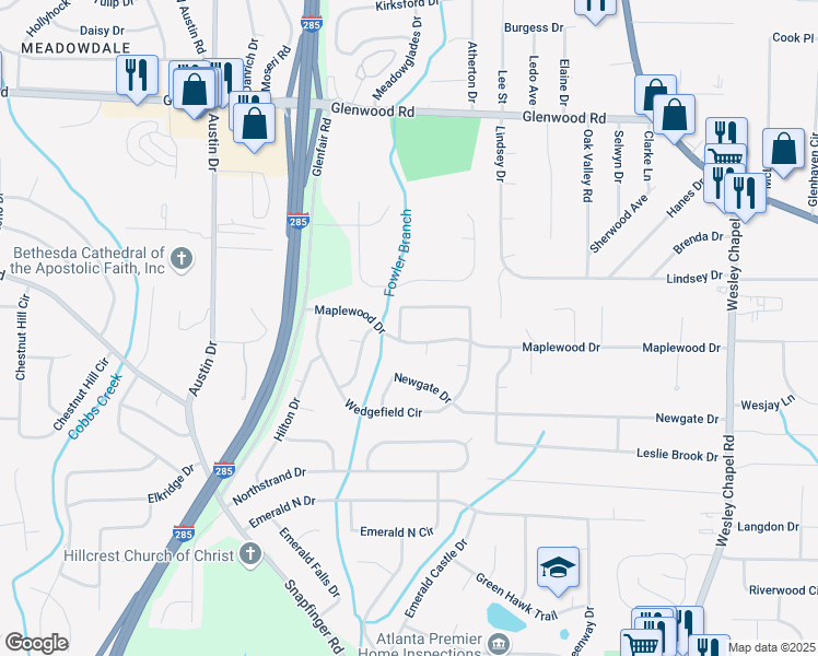 map of restaurants, bars, coffee shops, grocery stores, and more near 2004 Copperfield Circle in Decatur
