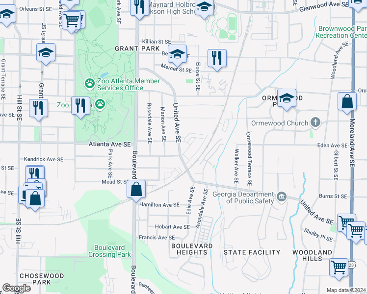 map of restaurants, bars, coffee shops, grocery stores, and more near 840 United Avenue Southeast in Atlanta