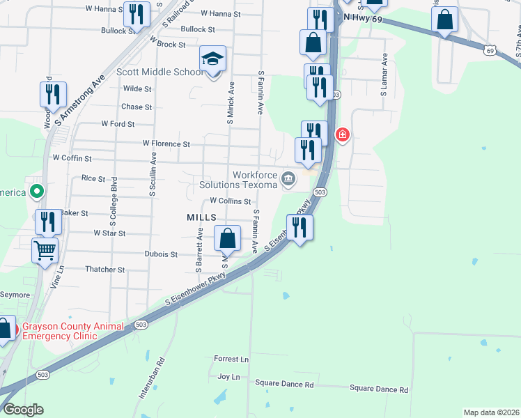 map of restaurants, bars, coffee shops, grocery stores, and more near 501 West Collins Street in Denison