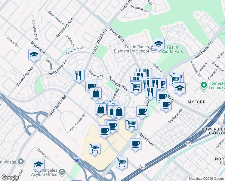 map of restaurants, bars, coffee shops, grocery stores, and more near 13301 Myford Road in Tustin