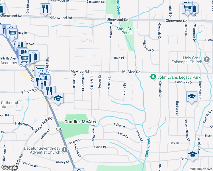 map of restaurants, bars, coffee shops, grocery stores, and more near 2045 Nichols Lane in Decatur
