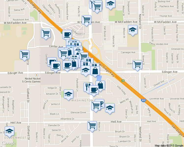 map of restaurants, bars, coffee shops, grocery stores, and more near 16060 Beach Boulevard in Huntington Beach