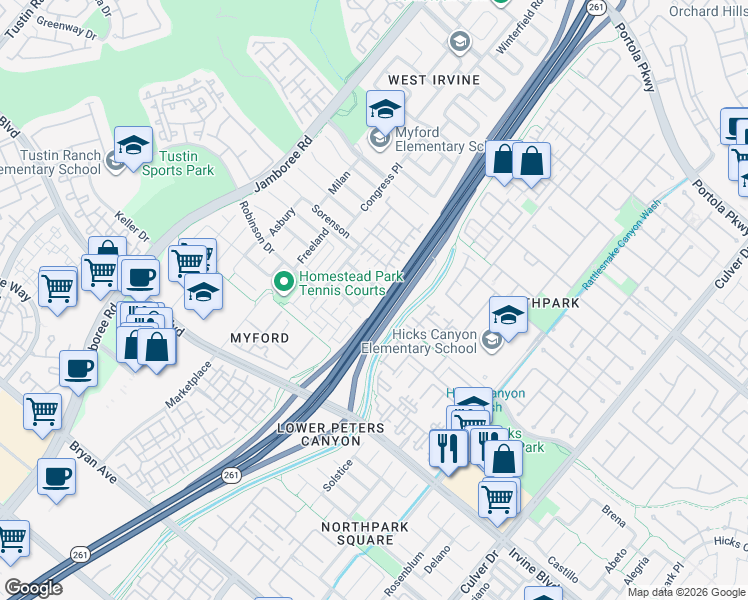 map of restaurants, bars, coffee shops, grocery stores, and more near in Irvine