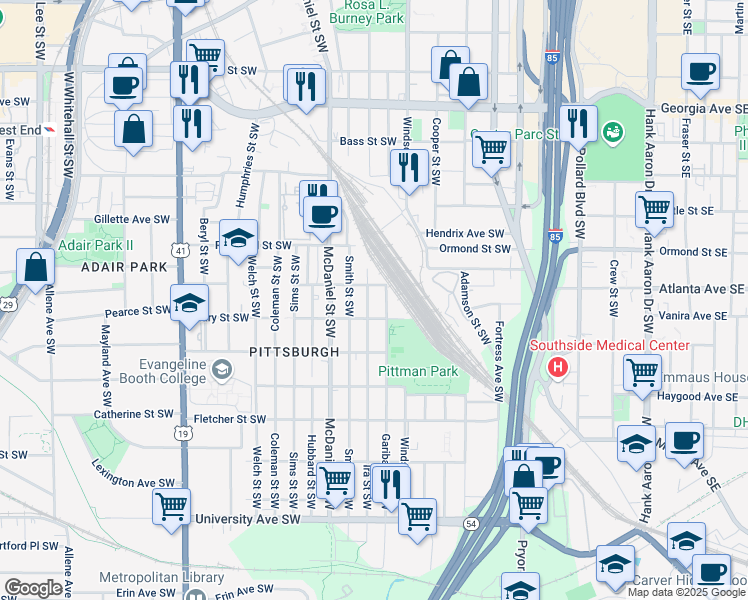 map of restaurants, bars, coffee shops, grocery stores, and more near 916 Ira Street Southwest in Atlanta