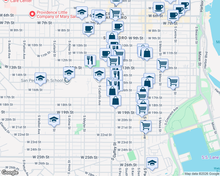 map of restaurants, bars, coffee shops, grocery stores, and more near 721 West 15th Street in Los Angeles