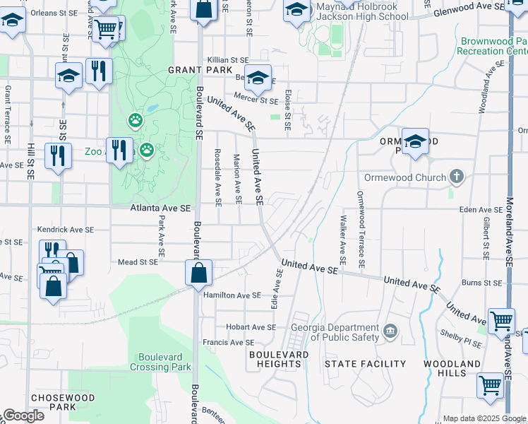 map of restaurants, bars, coffee shops, grocery stores, and more near 840 United Avenue Southeast in Atlanta