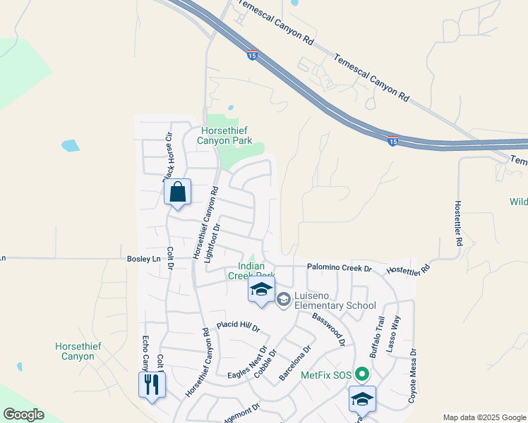 map of restaurants, bars, coffee shops, grocery stores, and more near 26831 Eagle Run Street in Corona