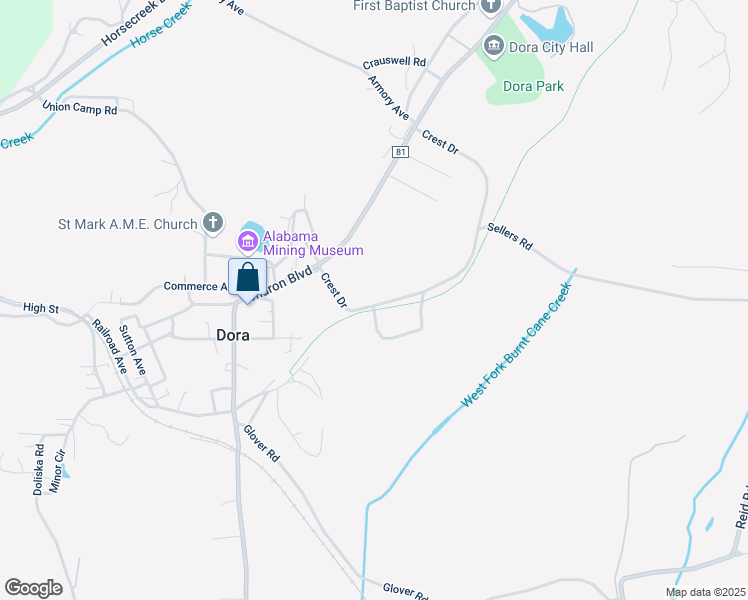 map of restaurants, bars, coffee shops, grocery stores, and more near 696 Crest Drive in Dora
