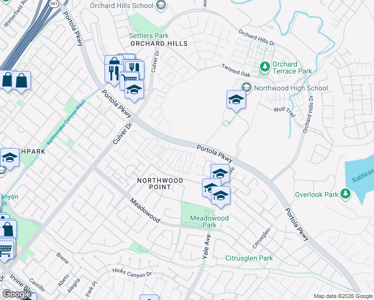 map of restaurants, bars, coffee shops, grocery stores, and more near 90 Winslow Lane in Irvine