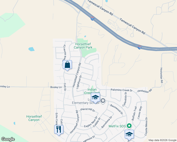 map of restaurants, bars, coffee shops, grocery stores, and more near 13350 Cloudburst Drive in Corona