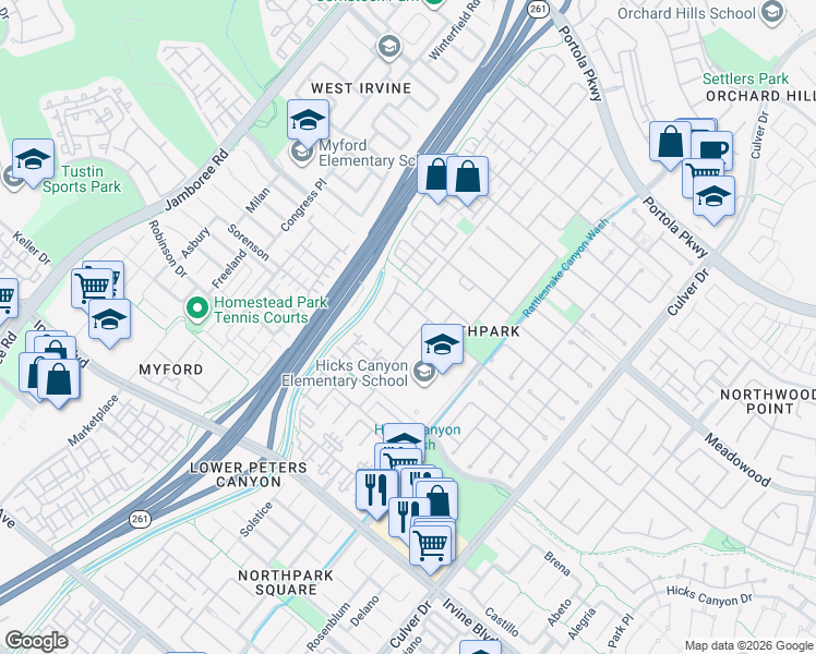 map of restaurants, bars, coffee shops, grocery stores, and more near 37 Spring Valley in Irvine