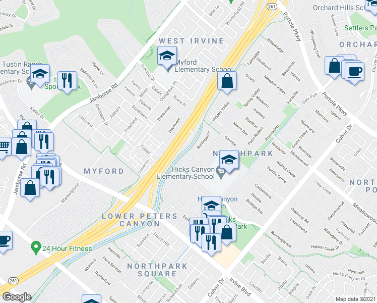 map of restaurants, bars, coffee shops, grocery stores, and more near 57 Burlingame in Irvine