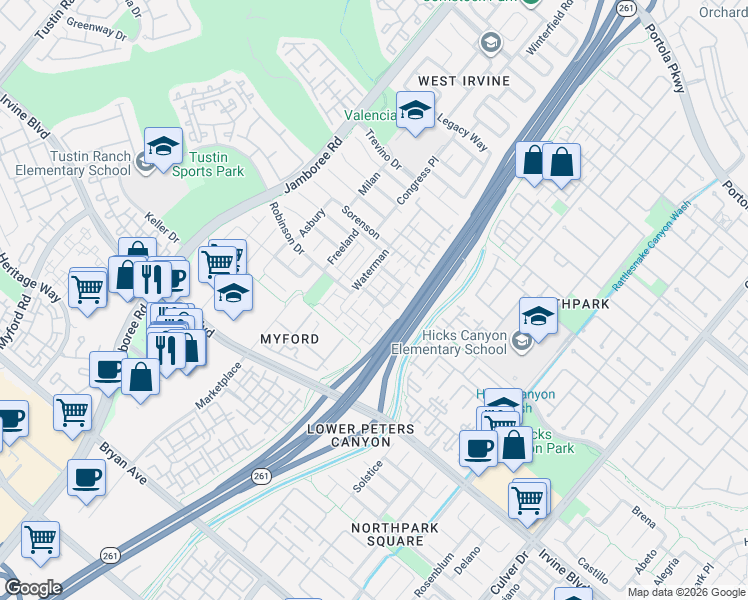 map of restaurants, bars, coffee shops, grocery stores, and more near 171 Waterman in Irvine