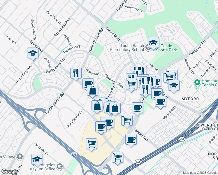 map of restaurants, bars, coffee shops, grocery stores, and more near 13301 Myford Road in Tustin