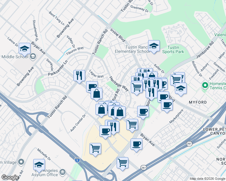 map of restaurants, bars, coffee shops, grocery stores, and more near 13301 Myford Road in Tustin