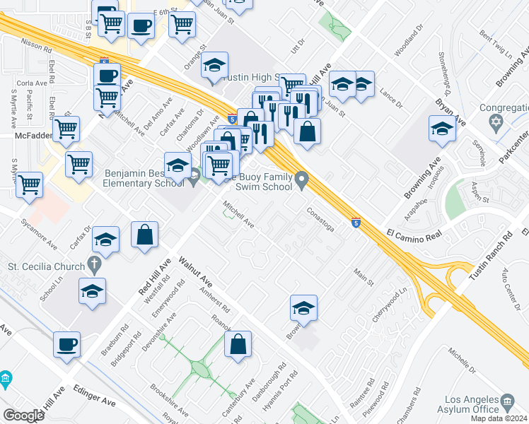 map of restaurants, bars, coffee shops, grocery stores, and more near 14192 Rosalie Place in Tustin