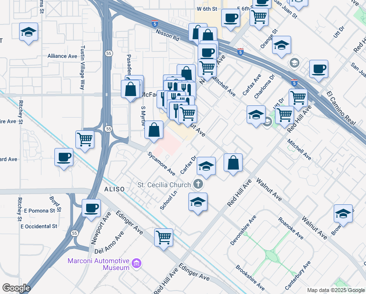 map of restaurants, bars, coffee shops, grocery stores, and more near 14561 Del Amo Avenue in Tustin
