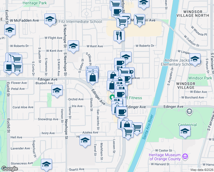 map of restaurants, bars, coffee shops, grocery stores, and more near 11870 Amethyst Court in Fountain Valley
