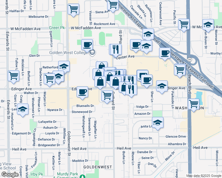 map of restaurants, bars, coffee shops, grocery stores, and more near 7311 Edinger Avenue in Huntington Beach
