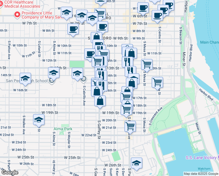 map of restaurants, bars, coffee shops, grocery stores, and more near 657 West 15th Street in Los Angeles