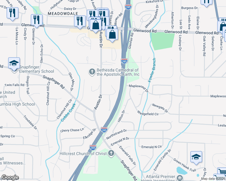 map of restaurants, bars, coffee shops, grocery stores, and more near 3869 Easterwood Court in Decatur