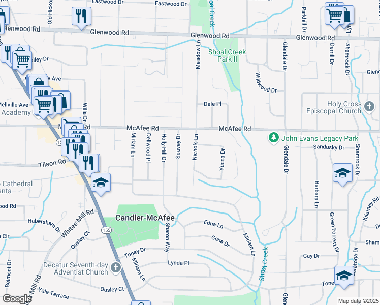 map of restaurants, bars, coffee shops, grocery stores, and more near 2045 Nichols Lane in Decatur