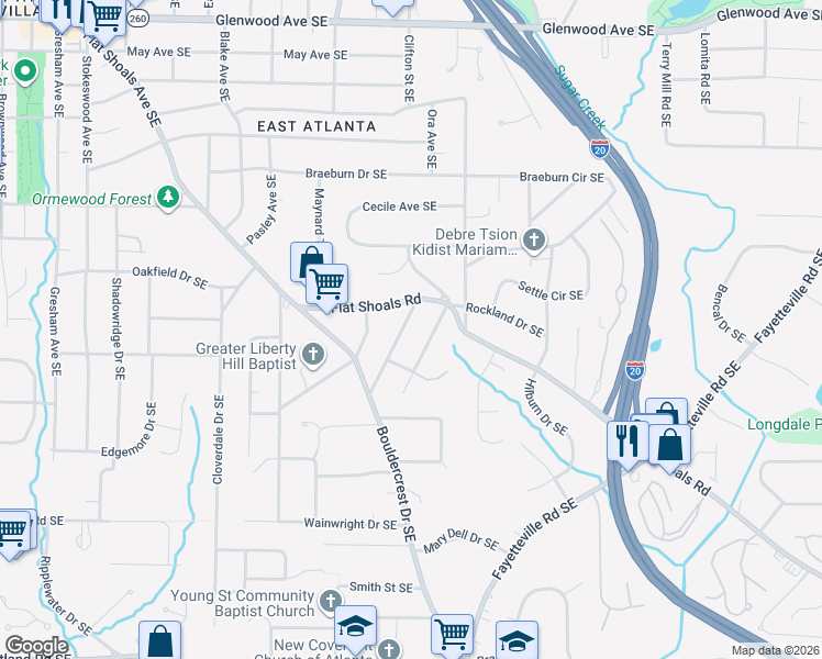 map of restaurants, bars, coffee shops, grocery stores, and more near 1723 Flat Shoals Road Southeast in Atlanta