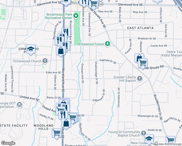 map of restaurants, bars, coffee shops, grocery stores, and more near 874 Stokeswood Avenue Southeast in Atlanta