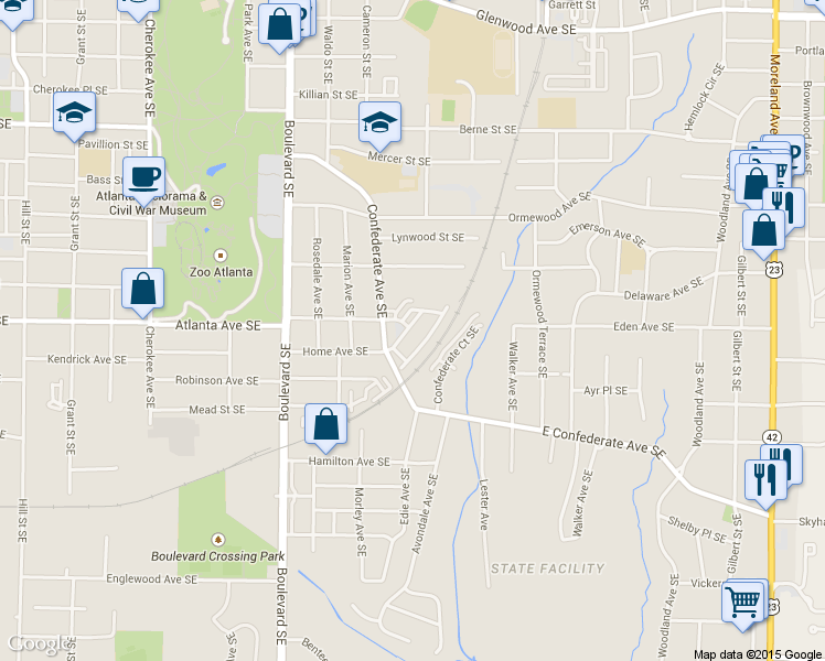 map of restaurants, bars, coffee shops, grocery stores, and more near 833 Charles Bank Avenue Southeast in Atlanta