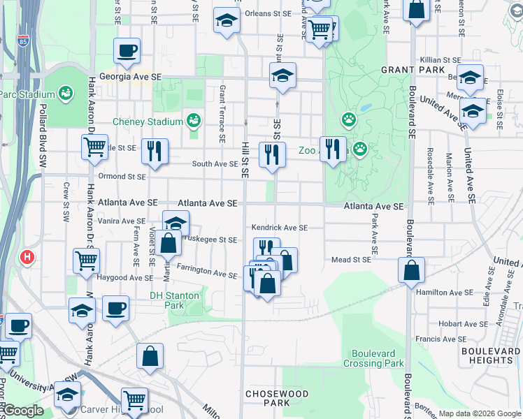 map of restaurants, bars, coffee shops, grocery stores, and more near 313 Atlanta Avenue Southeast in Atlanta