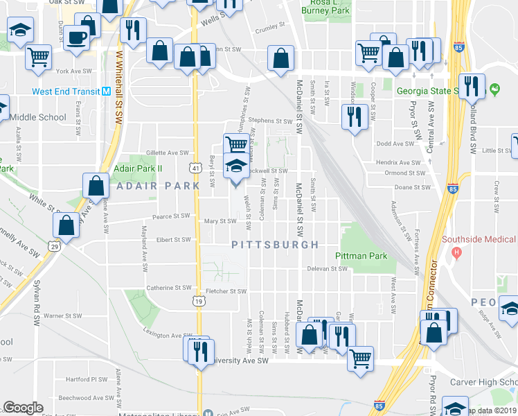 map of restaurants, bars, coffee shops, grocery stores, and more near 897 Sims Street Southwest in Atlanta