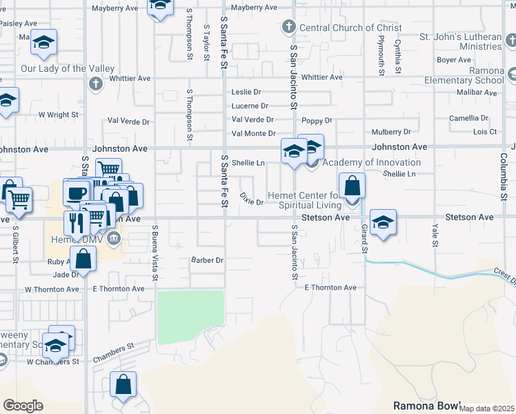 map of restaurants, bars, coffee shops, grocery stores, and more near 1095 Dixie Drive in Hemet